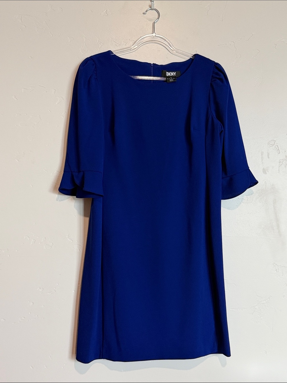 DKNY Blue Long Sleeve Shift Dress with Ruffle Cuffs